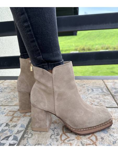 Botki beż skóra naturalna zamsz obcas klocek Exquisite 1476 julastyle