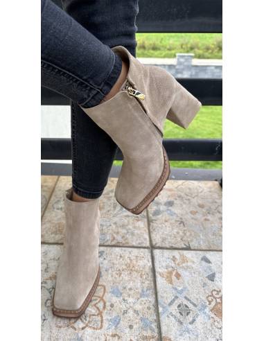 Botki beż skóra naturalna zamsz obcas klocek...