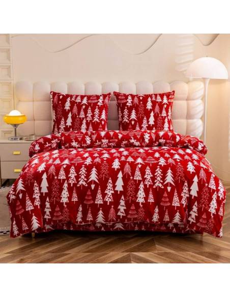 Pościel świąteczna 200x220 polarowa czerwona w choinki ciepła Cotton World