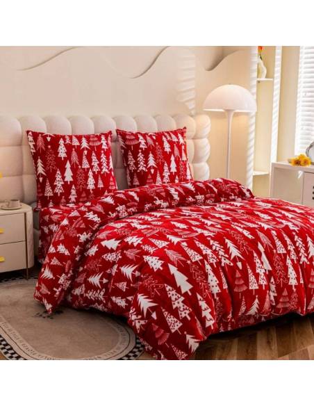 Pościel świąteczna 200x220 polarowa czerwona w choinki ciepła Cotton World