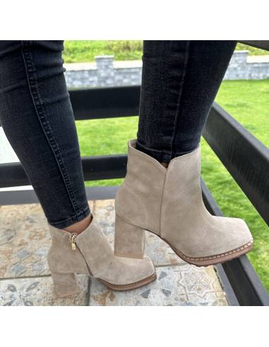 Botki beż skóra naturalna zamsz obcas klocek...