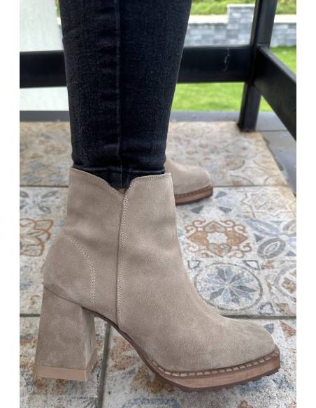 Botki beż skóra naturalna zamsz obcas klocek Exquisite 1476 julastyle