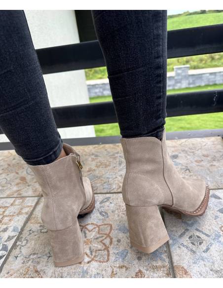 Botki beż skóra naturalna zamsz obcas klocek Exquisite 1476 julastyle