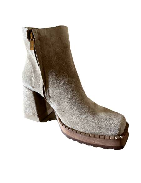 Botki beż skóra naturalna zamsz obcas klocek Exquisite 1476 julastyle