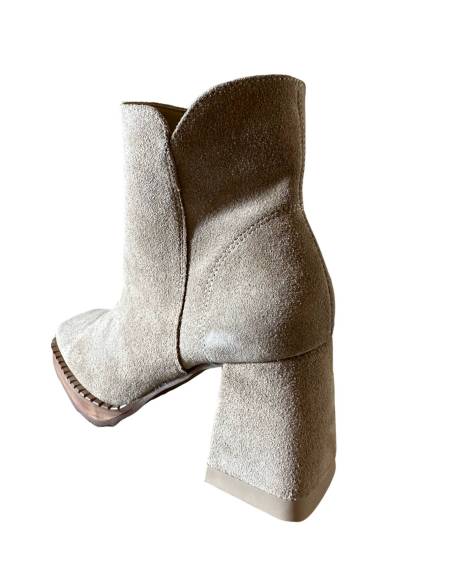 Botki beż skóra naturalna zamsz obcas klocek Exquisite 1476 julastyle