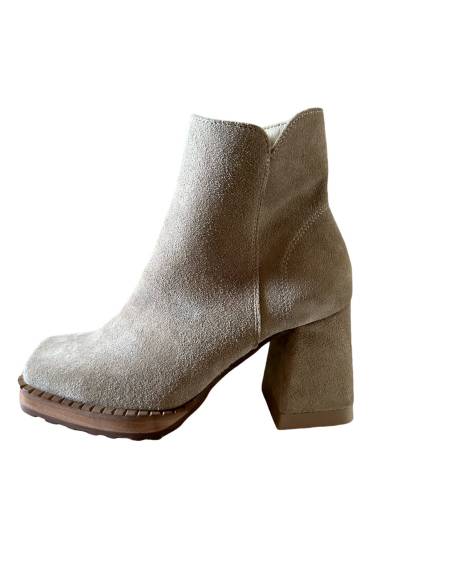 Botki beż skóra naturalna zamsz obcas klocek Exquisite 1476 julastyle