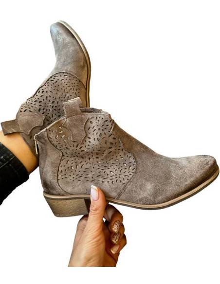 Botki almond skóra zamsz niski obcas klocek ażur Exquisite 1130 Jula Style