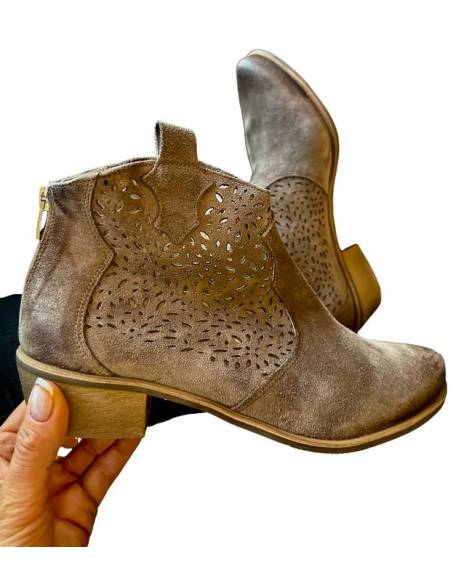 Botki almond skóra zamsz niski obcas klocek ażur Exquisite 1130 Jula Style