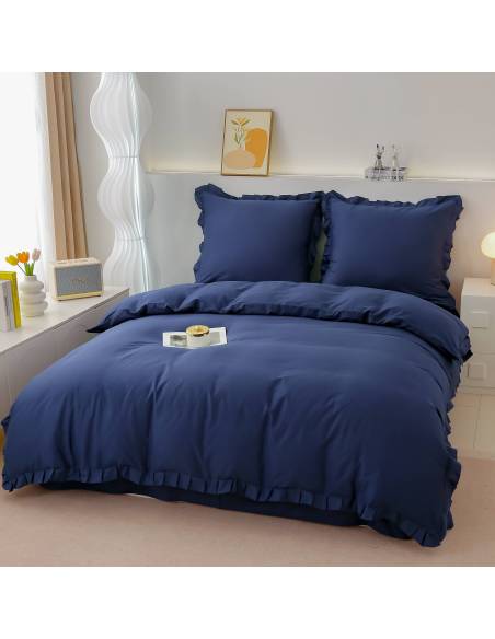 Pościel granatowa z falbanami ekskluzywna 200x220 nie farbująca CottonWorld