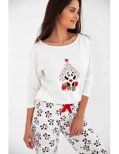 Piżama damska ecru świąteczna panda bawełniana...