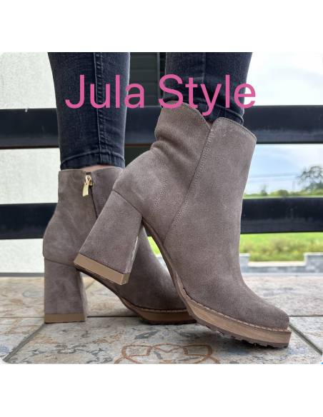 Botki ciemny beż almond skóra zamsz obcas klocek Jula style Exquisite 1476