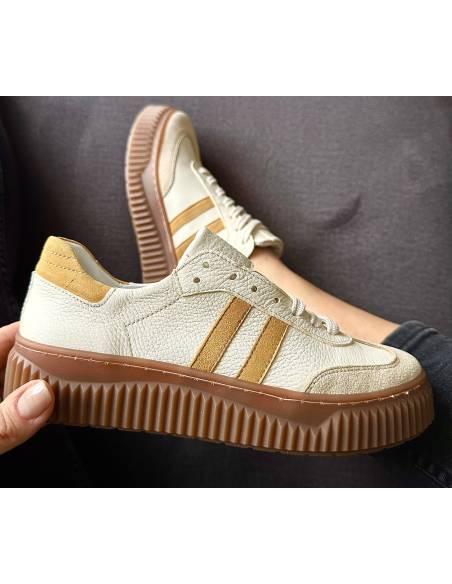 Adidasy beżowe żółte paski skóra nat kauczukowa podeszwa 1068S6 MUST HAVE