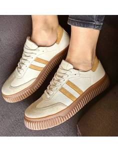 Adidasy beżowe żółte paski skóra nat kauczukowa podeszwa... 2