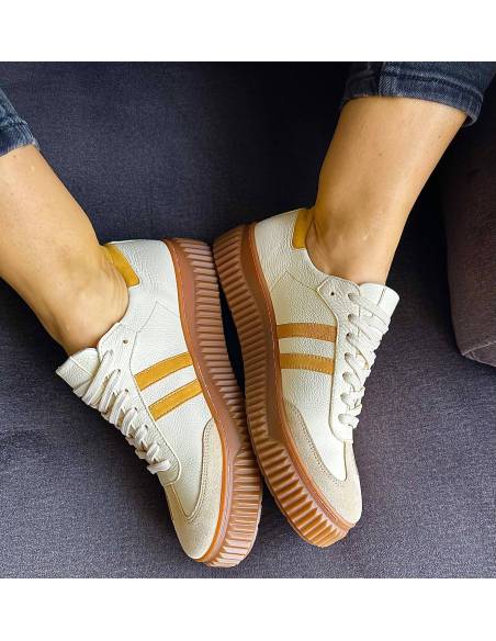 Adidasy beżowe żółte paski skóra nat kauczukowa podeszwa 1068S6 MUST HAVE