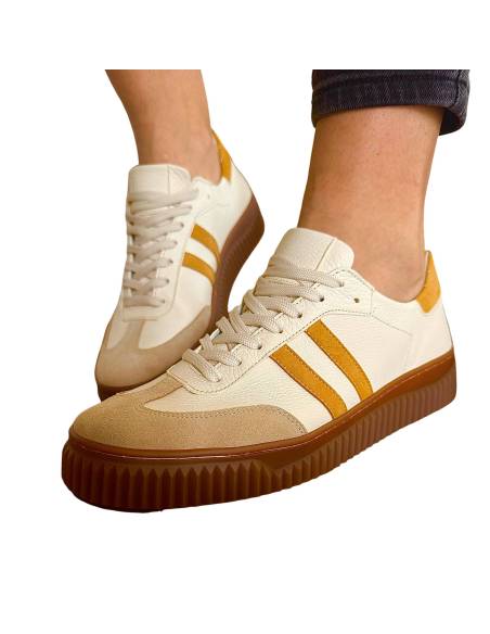 Adidasy beżowe żółte paski skóra nat kauczukowa podeszwa 1068S6 MUST HAVE