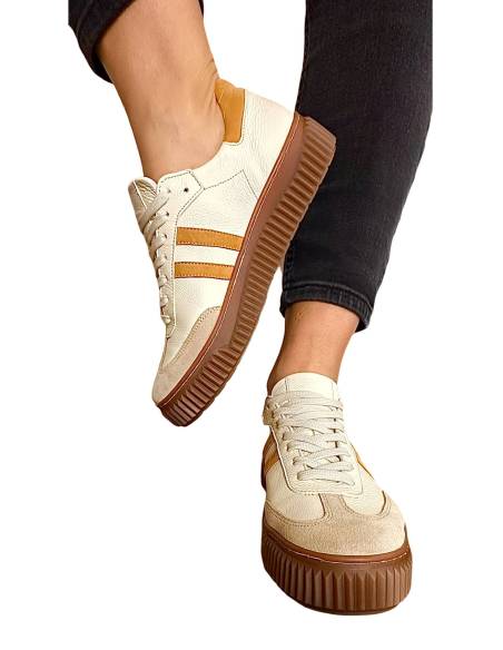 Adidasy beżowe żółte paski skóra nat kauczukowa podeszwa 1068S6 MUST HAVE