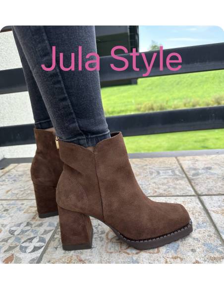 Botki skóra naturalna zamsz Jula Style ciemny brąz obcas Exquisite 1476
