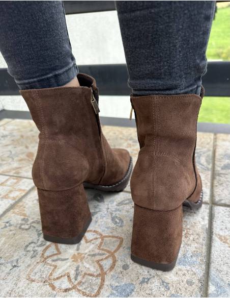 Botki skóra naturalna zamsz Jula Style ciemny brąz obcas Exquisite 1476