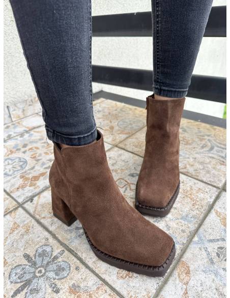 Botki skóra naturalna zamsz Jula Style ciemny brąz obcas Exquisite 1476