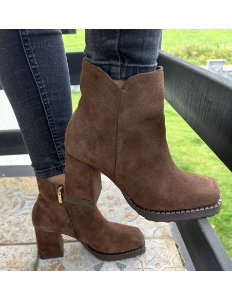 Botki skóra naturalna zamsz Jula Style ciemny brąz obcas Exquisite 1476