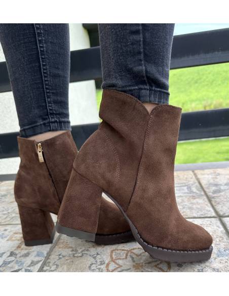 Botki skóra naturalna zamsz Jula Style ciemny brąz obcas Exquisite 1476