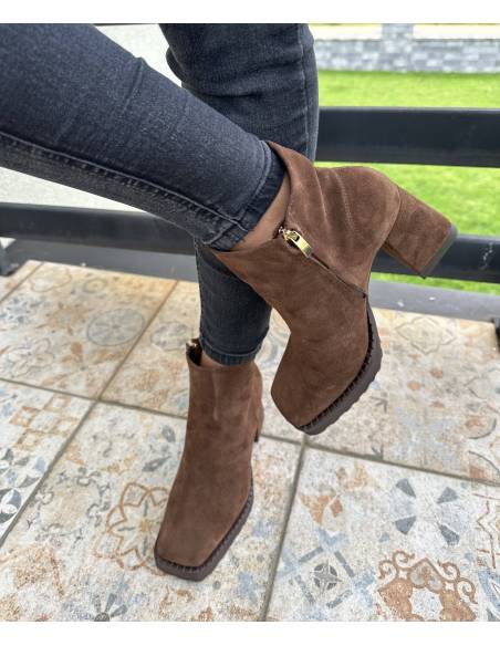 Botki skóra naturalna zamsz Jula Style ciemny brąz obcas Exquisite 1476