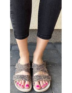 Klapki w panterkę beż brąz skóra naturalna regulowany... 2