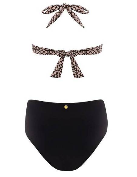 Strój kąpielowy dwuczęściowy beżowy czarny wiązany na szyi Self Luxe 3