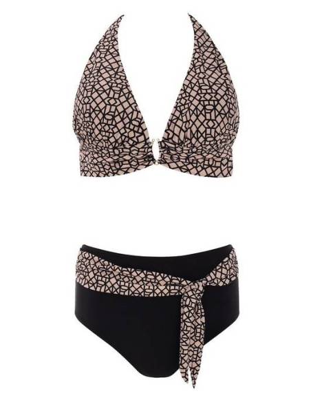 Strój kąpielowy dwuczęściowy beżowy czarny wiązany na szyi Self Luxe 3