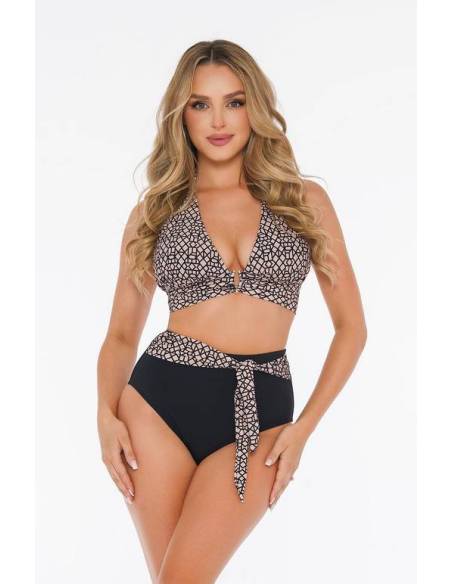 Strój kąpielowy dwuczęściowy beżowy czarny wiązany na szyi Self Luxe 3