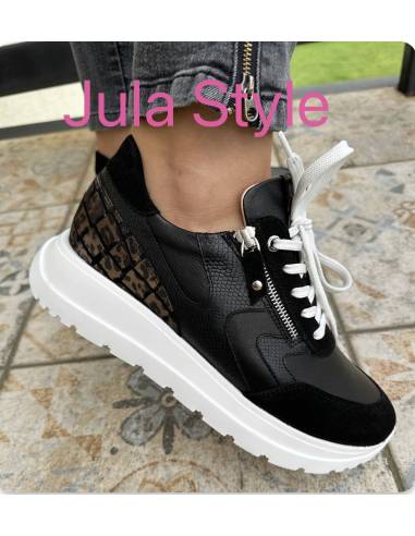 Buty sportowe, adidasy czarne pantera skóra lico zamsz ALMODI N819