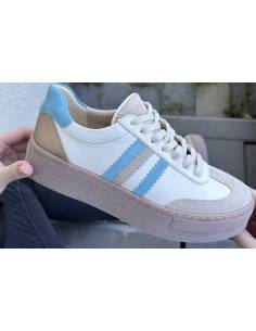 Adidasy damskie ecru z paskami niebieskimi skóra... 2