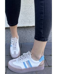 Adidasy damskie ecru z paskami niebieskimi skóra...