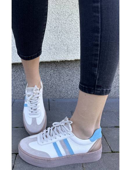 Adidasy damskie ecru z paskami niebieskimi skóra naturalna Kampa N 1234