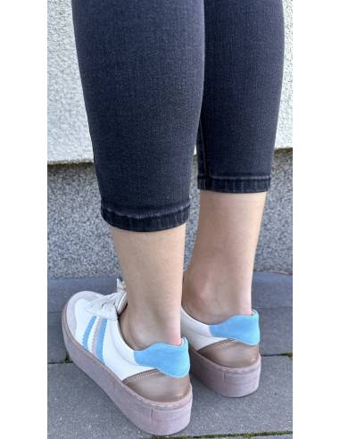 Adidasy damskie ecru z paskami niebieskimi...