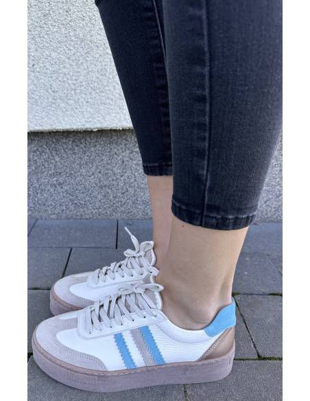 Adidasy damskie ecru z paskami niebieskimi skóra naturalna Kampa N 1234