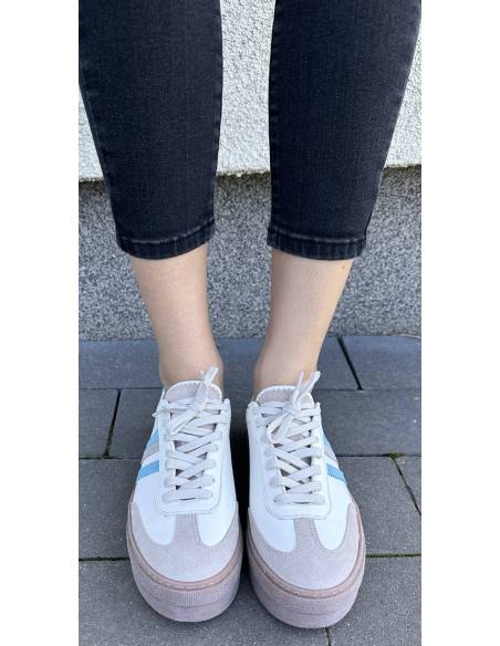 Adidasy damskie ecru z paskami niebieskimi skóra naturalna Kampa N 1234