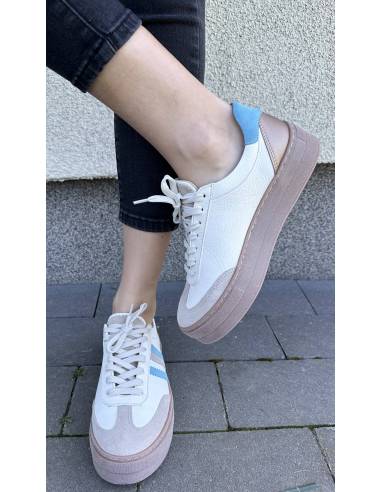 Adidasy damskie ecru z paskami niebieskimi...