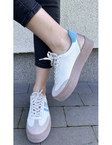 Adidasy damskie ecru z paskami niebieskimi skóra naturalna Kampa N 1234