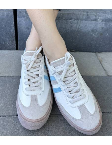 Adidasy damskie ecru z paskami niebieskimi skóra naturalna Kampa N 1234