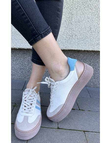 Adidasy damskie ecru z paskami niebieskimi skóra naturalna Kampa N 1234