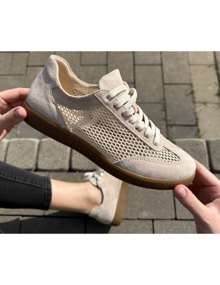 Adidasy beżowe siateczka kauczukowa podeszwa skóra naturalna Kampa N1142