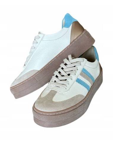 Adidasy damskie ecru z paskami niebieskimi...