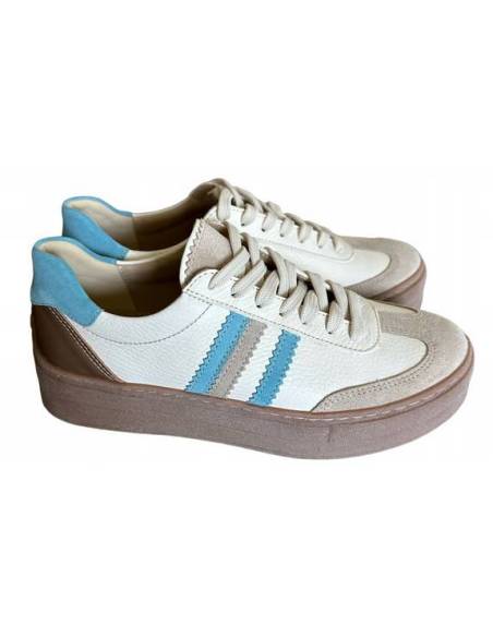 Adidasy damskie ecru z paskami niebieskimi skóra naturalna Kampa N 1234