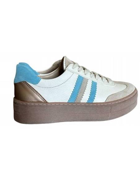 Adidasy damskie ecru z paskami niebieskimi skóra naturalna Kampa N 1234