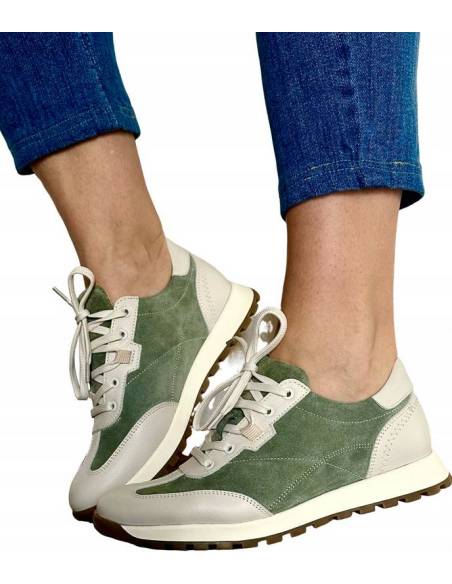 Adidasy damskie zielone beżowe sneakersy skórzane wygodne KAMPA N 1116S3
