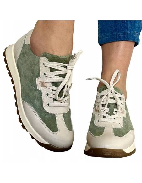 Adidasy damskie zielone beżowe sneakersy skórzane wygodne KAMPA N 1116S3