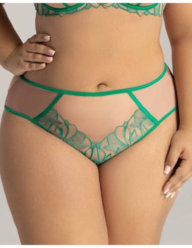 Figi brazyliany beżowe nude zielone haft tiul Ava 2160