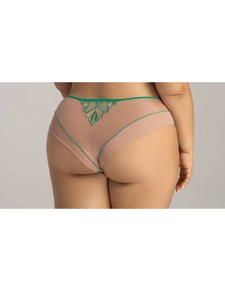 Figi brazyliany beżowe nude zielone haft tiul Ava 2160