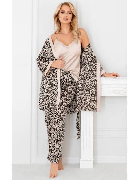 Szlafrok satyna beż zwierzęcy z koronką rękaw 3/4 przed kolano Donna Sheila